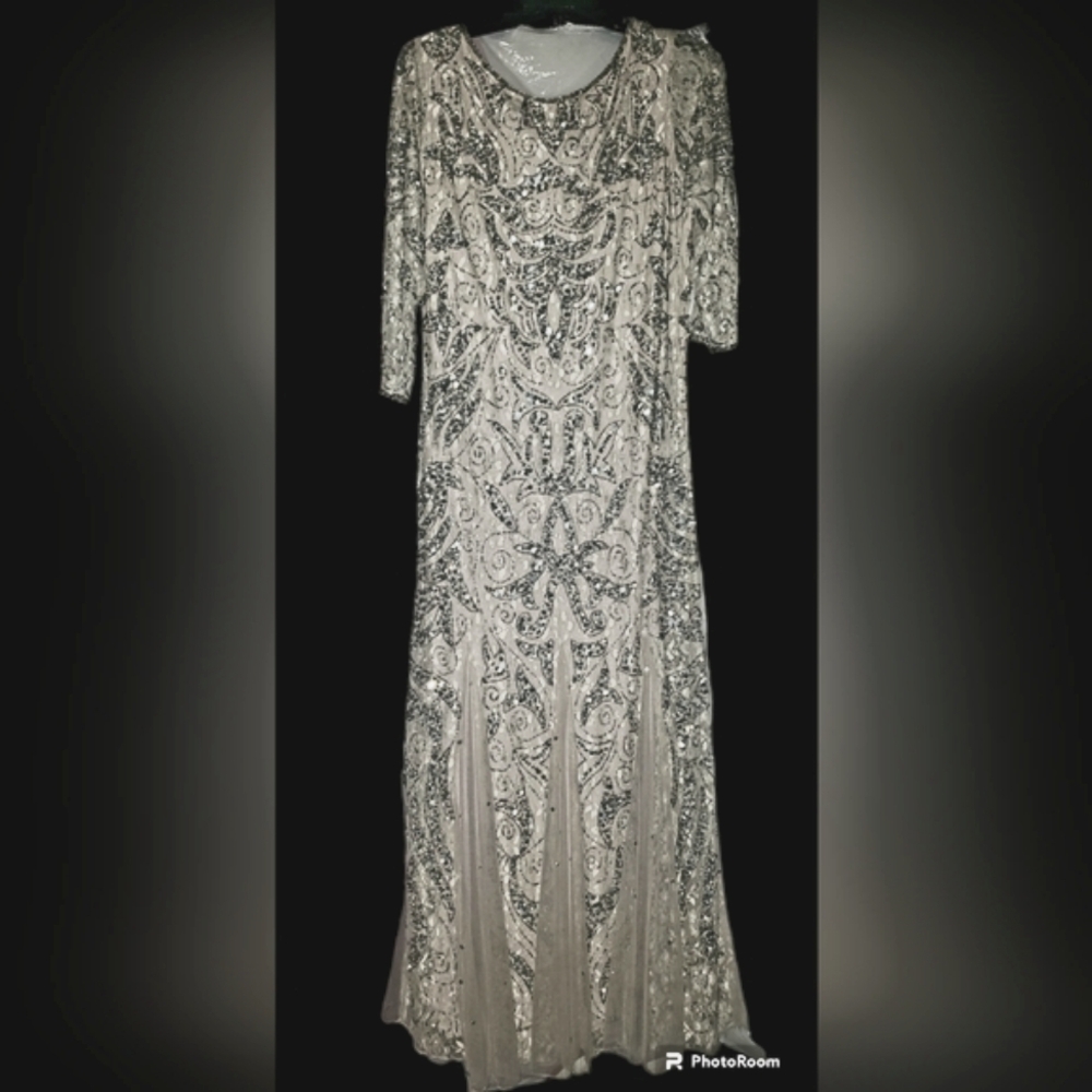 Pisarro Nights Illusion Sleeve Beaded A-line Gown